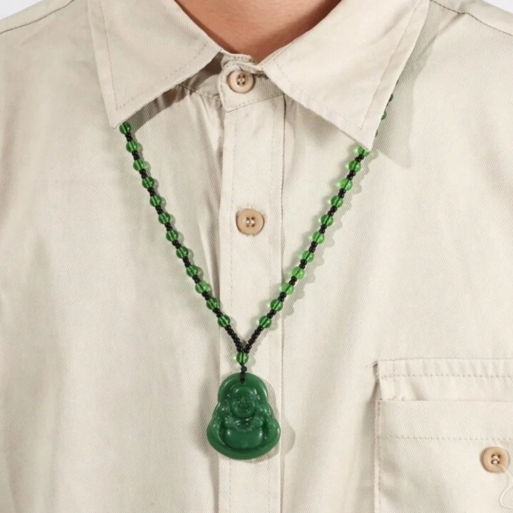 JADE Green Hand Carved Maitreya Buddah Pendant Necklace